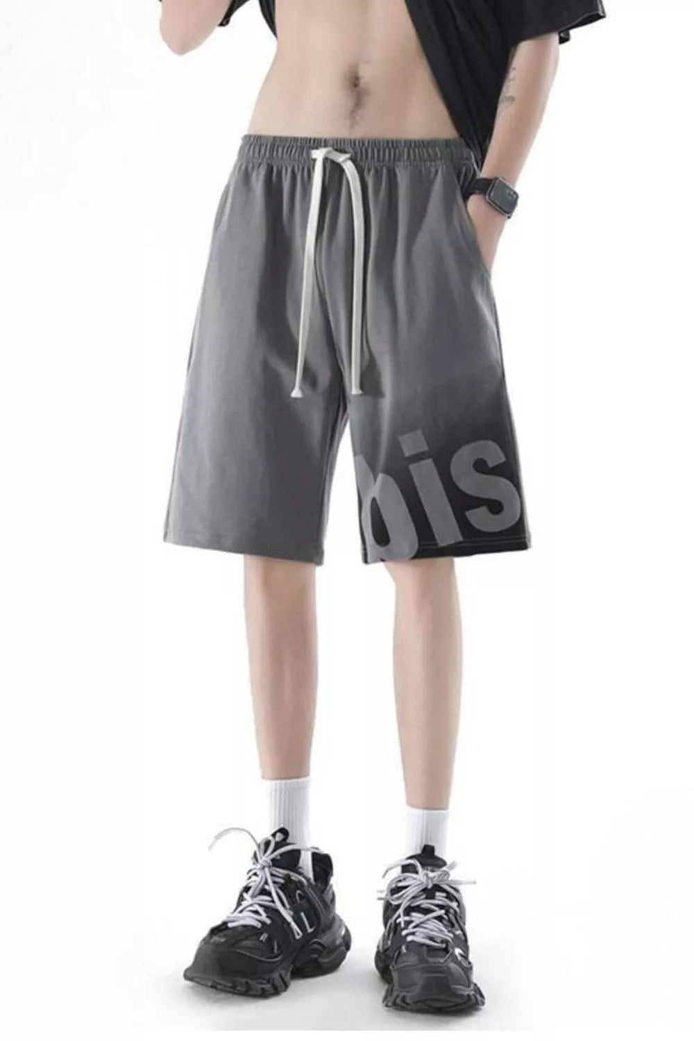 Men's Plus Size Casual Drawstring Gradient Letter Shorts in Grey