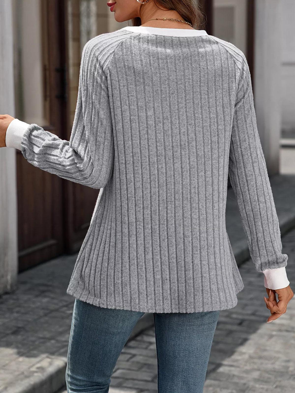 Ribbed Round Neck Raglan Sleeve Knit Top - Lilixa.store