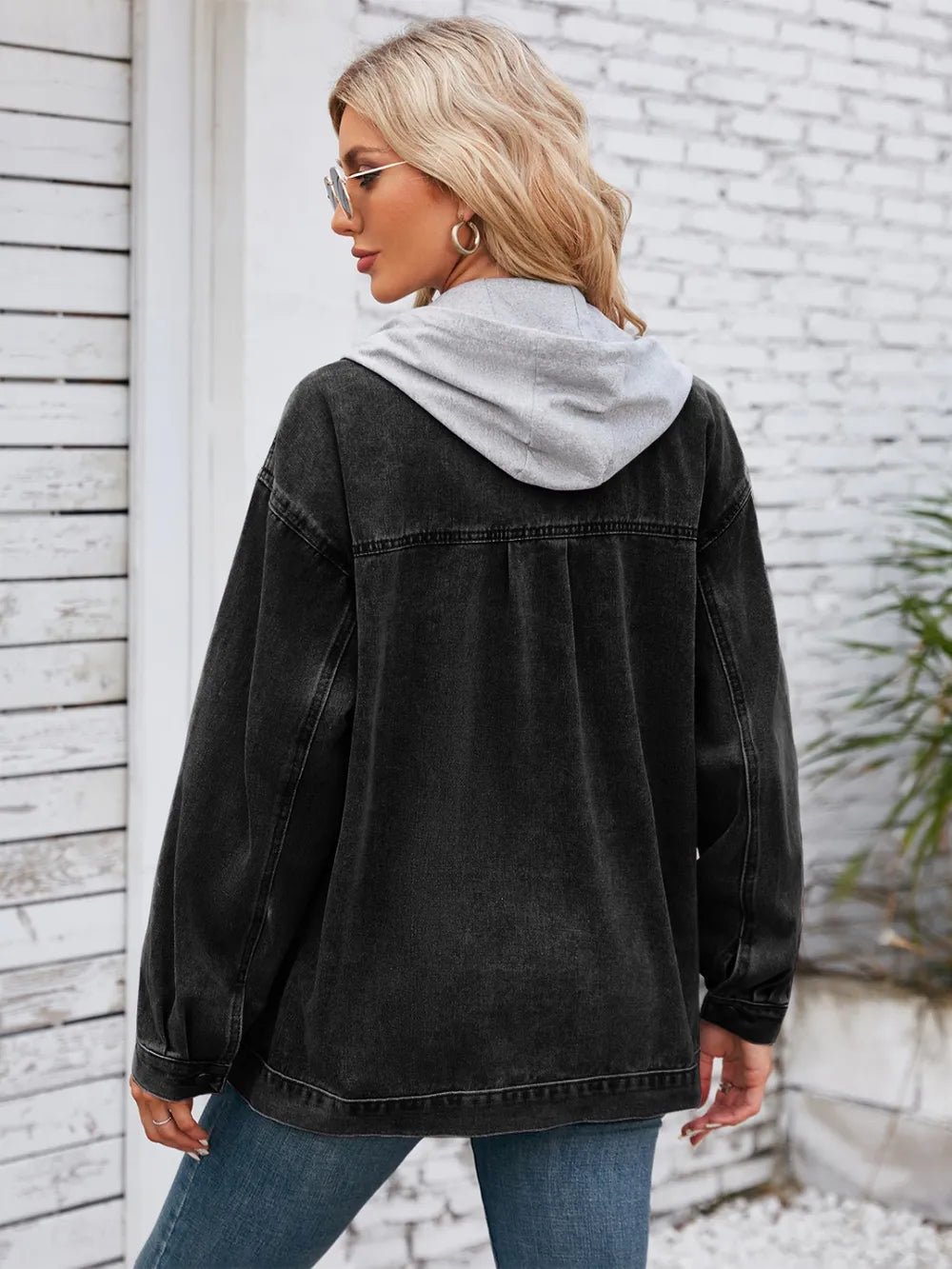 Pocketd Button Up Detachable Hooded Denim Jacket, view 6