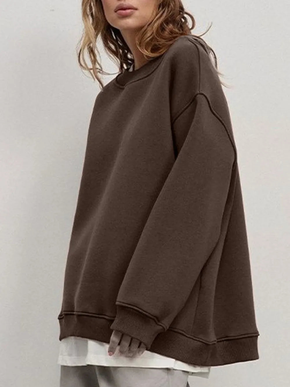 Round Neck Dropped Shoulder Long Sleeve Sweatshirt - Lilixa.store