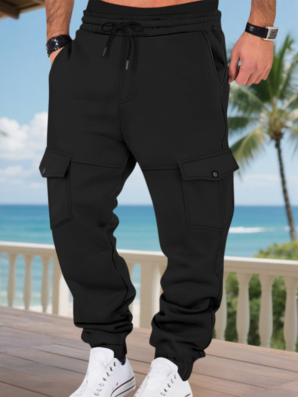 Men's Full Size Cargo Joggers with Multi-Pockets Plus Size in Black