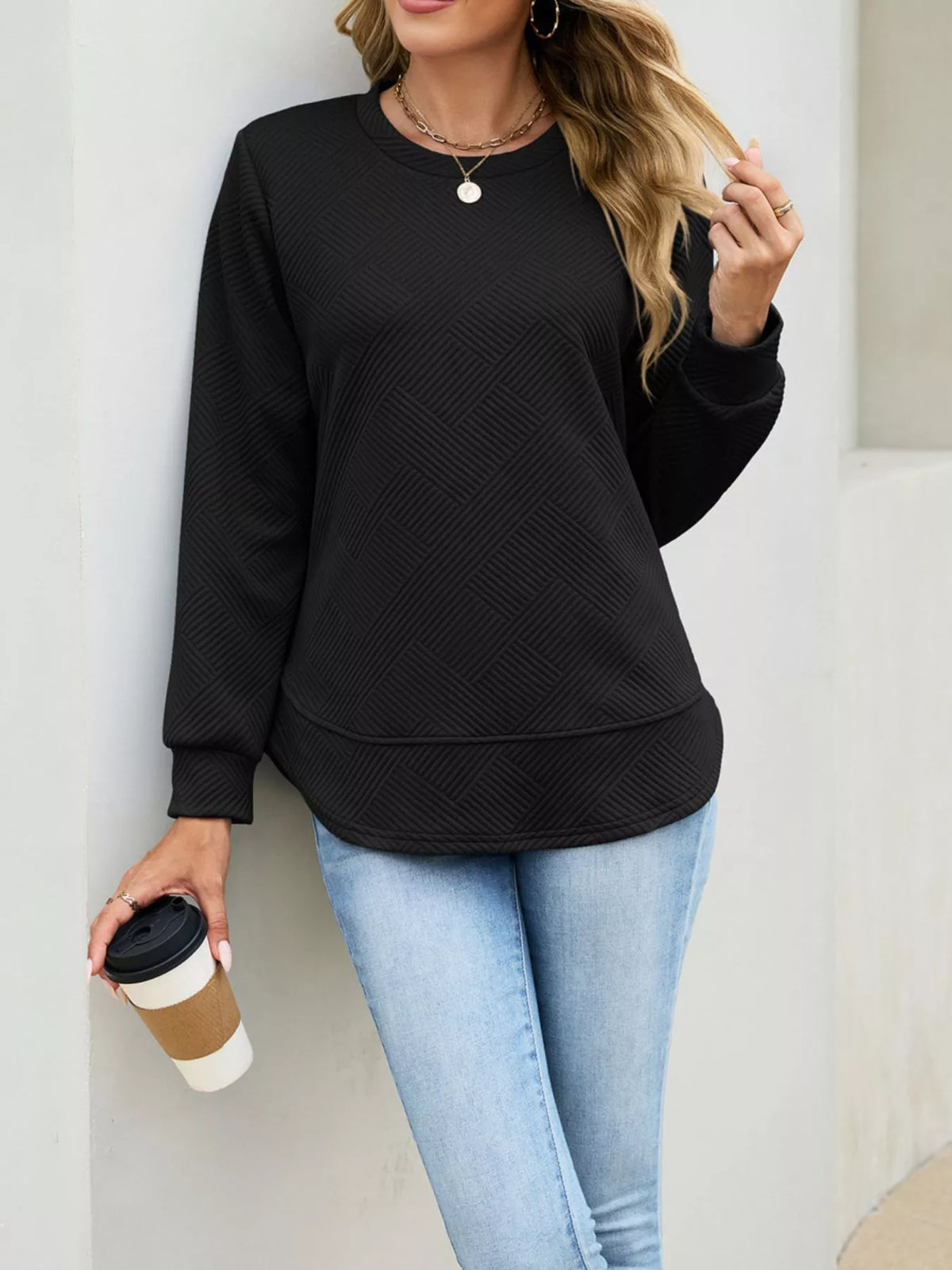 Textured Crew Neck Sweatshirt - Lilixa.store