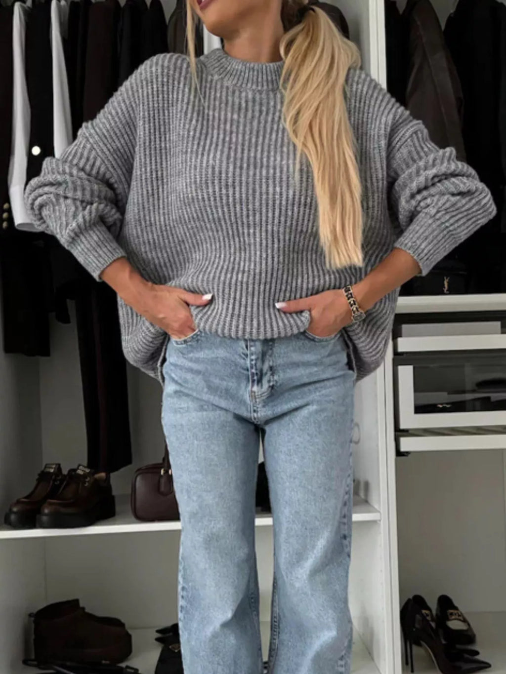 Ribbed Knit Crew Neck Sweater in Gray, view 4