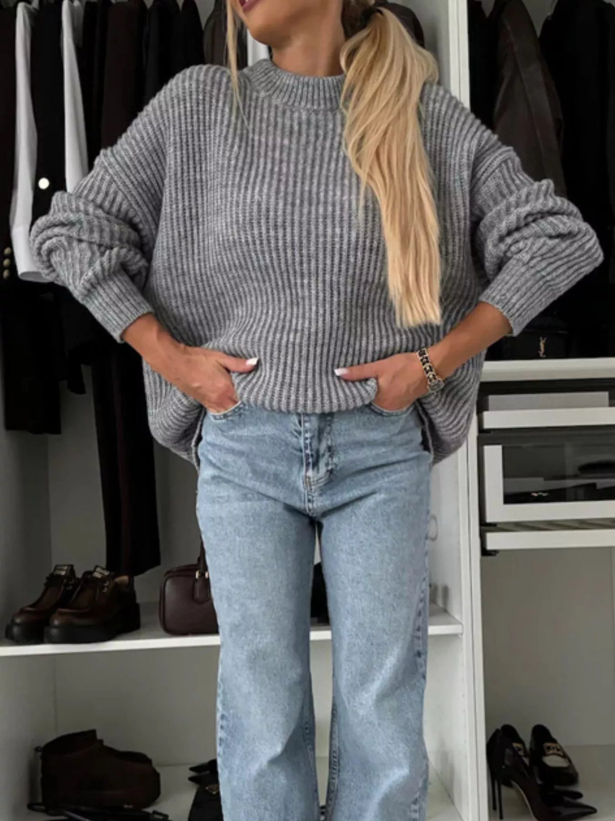 Ribbed Knit Crew Neck Sweater - Lilixa.store