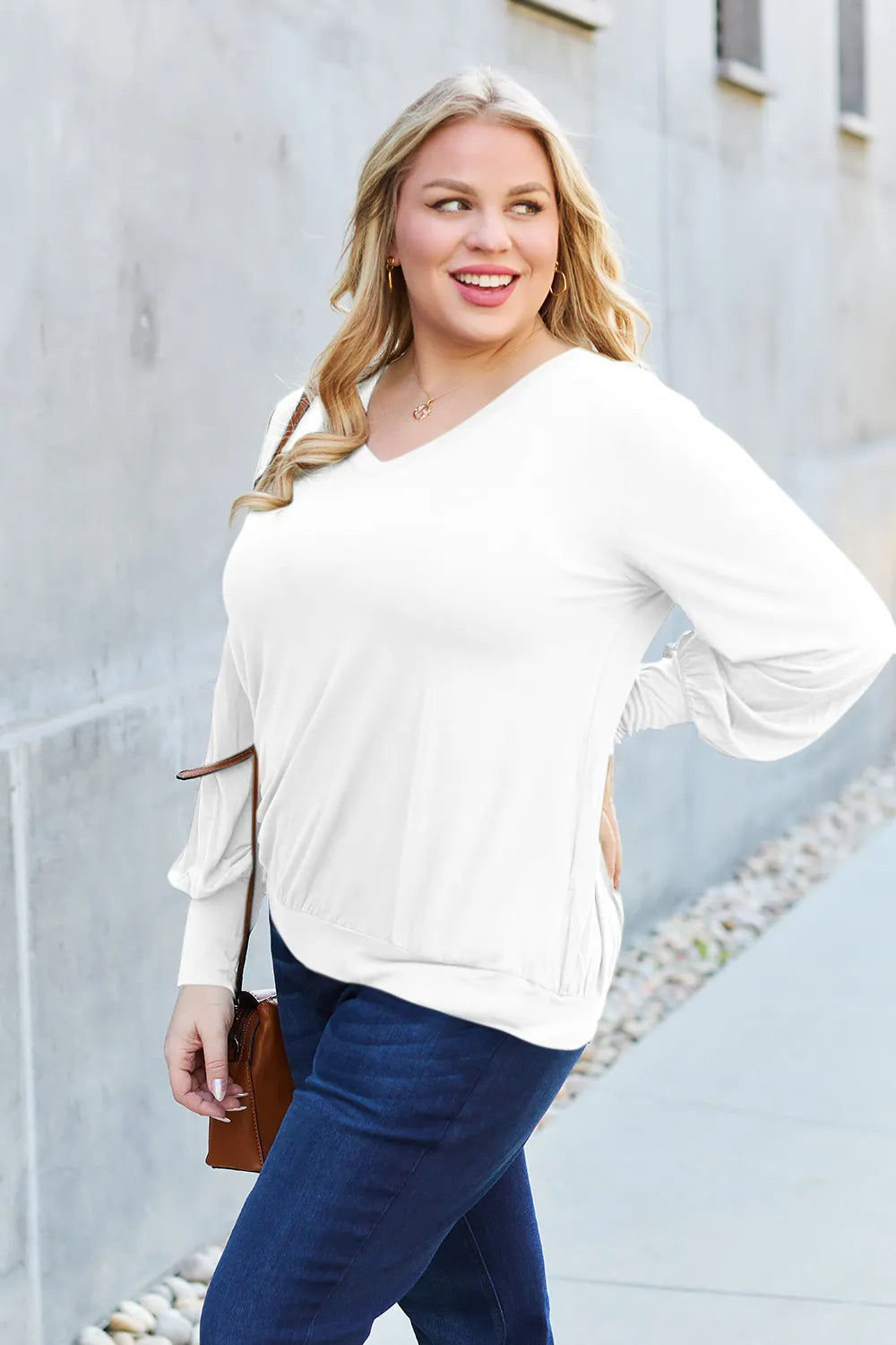 Basic Bae Full Size V-Neck Lantern Sleeve Top - Lilixa.store