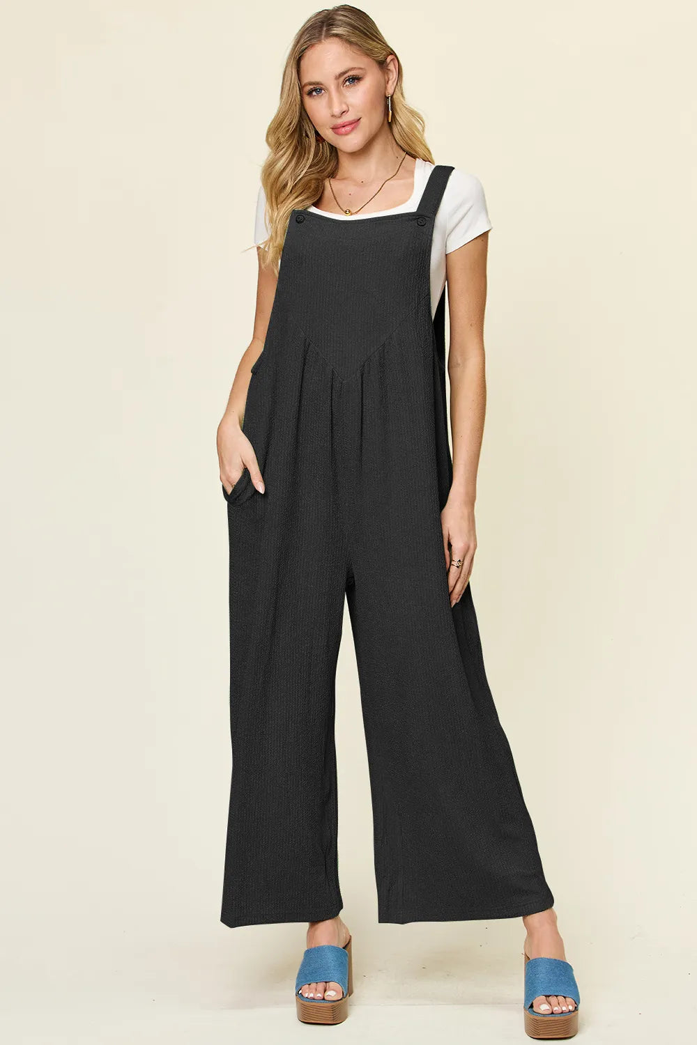 Double Take Full Size Texture Sleeveless Wide Leg Overall in Black