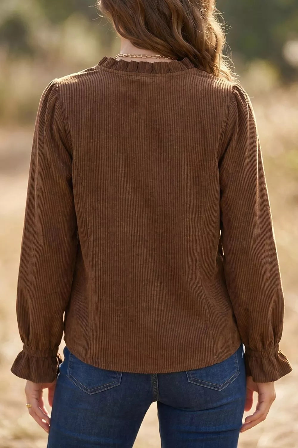 Solid Color Ruffle Trim V Neck Long Sleeve Button Corduroy Shakcet in Dark Brown, view 4