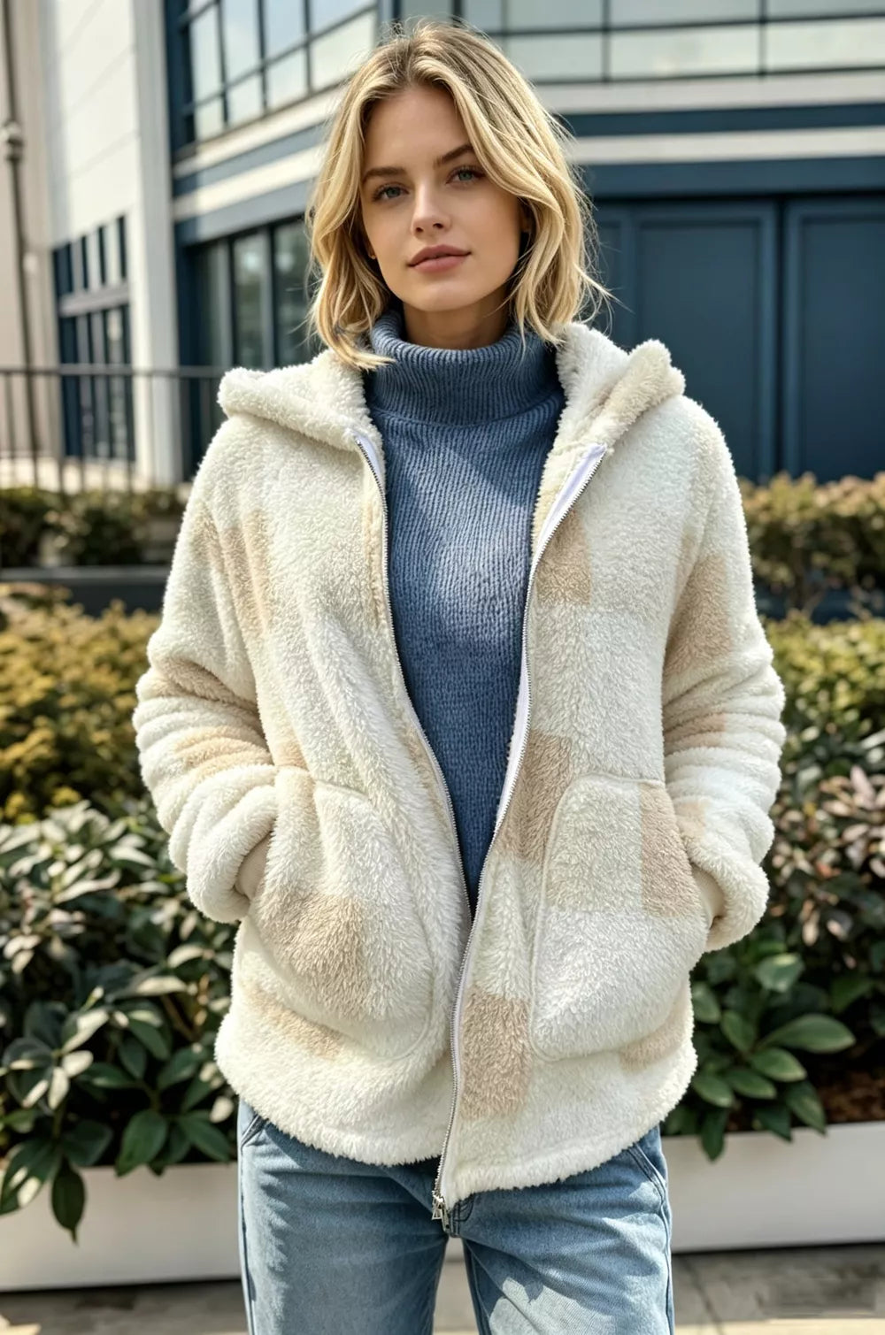 Double Take Full Size Check Fuzzy Sherpa Hooded Zip Up Teddy Winter Coat with Pockets Plus Size - Lilixa.store