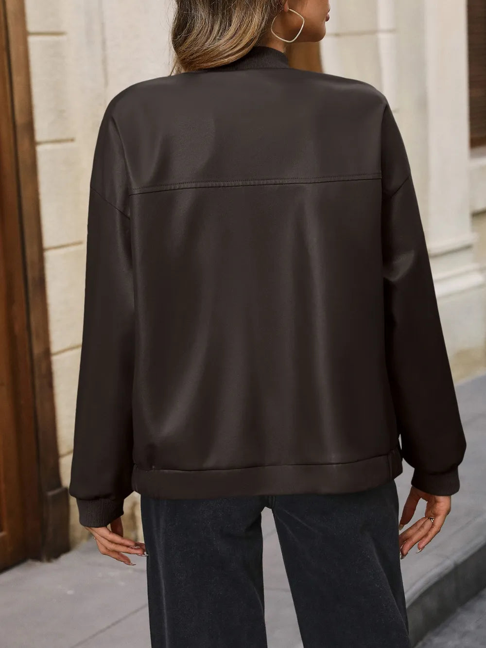 Ivy Lane Zip Up Baseball Collar Dropped Shoulder Jacket, view 8