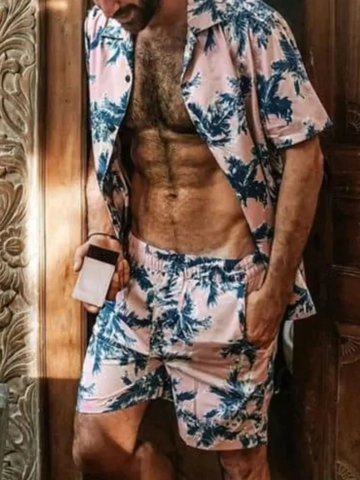 Men's Full Size Tropical Print Hawaiian Style Top and Shorts Set Plus Size in Pink