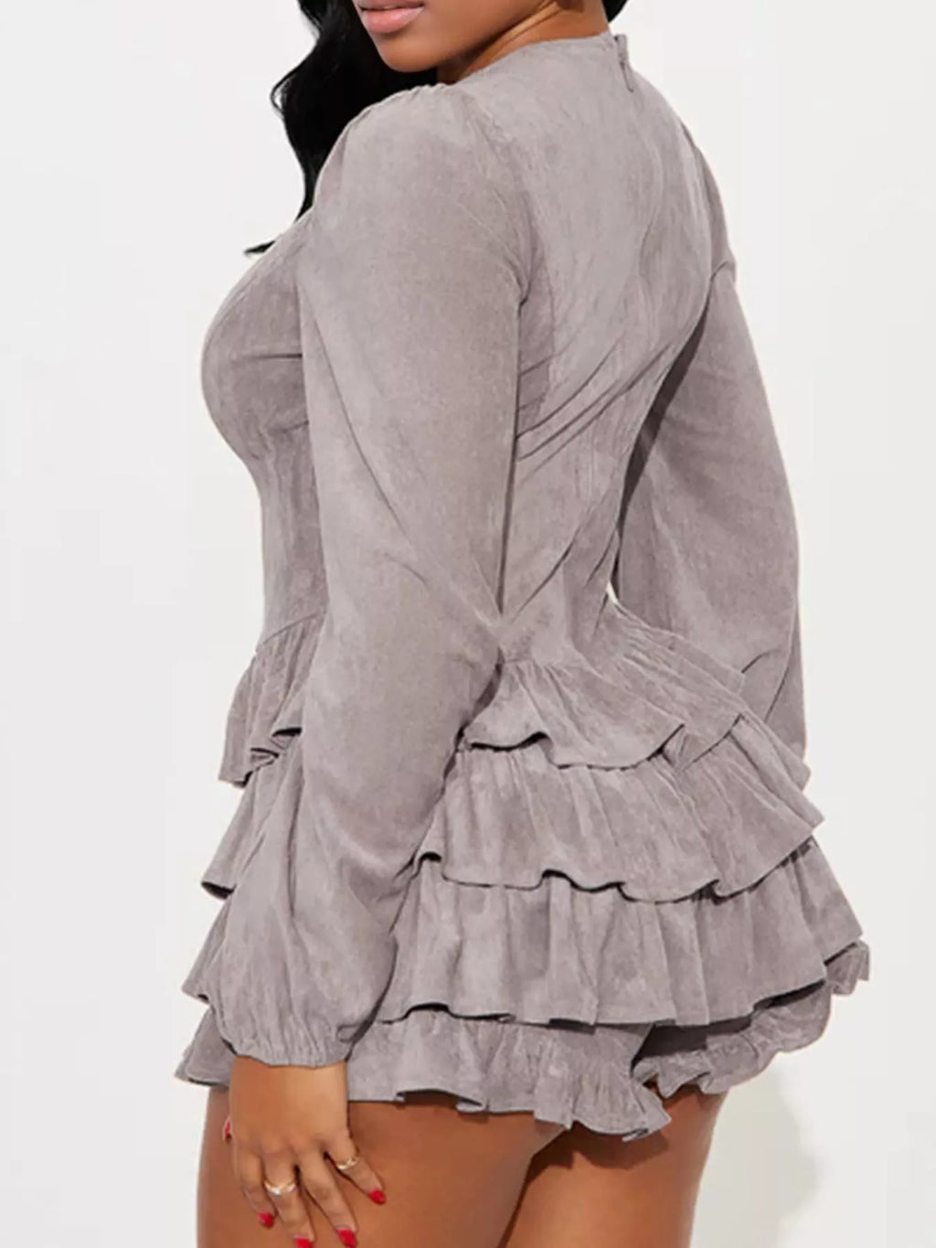 Lace-Up Ruffle Hem Long Sleeve Mini Dress - Lilixa.store