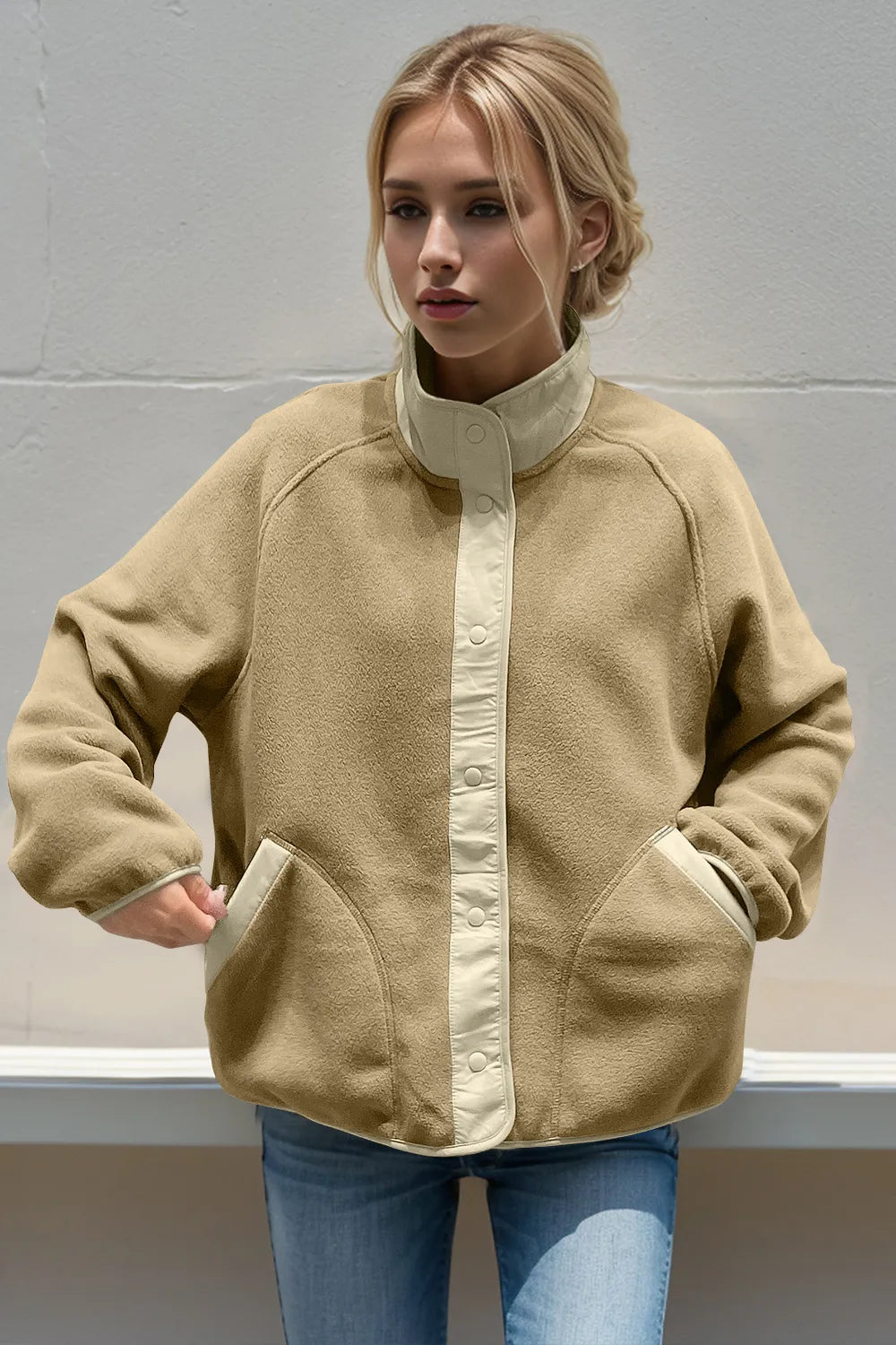 Snap Down Contrast Fleece Jacket with Pockets - Lilixa.store