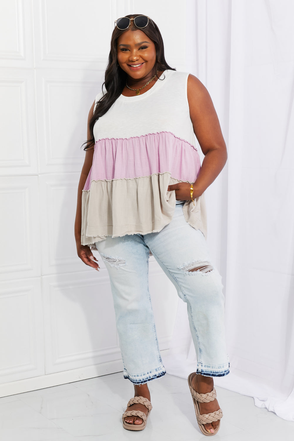 White Birch Full Size Watching the Sunset Color Block Babydoll Top in Lavender, view 10