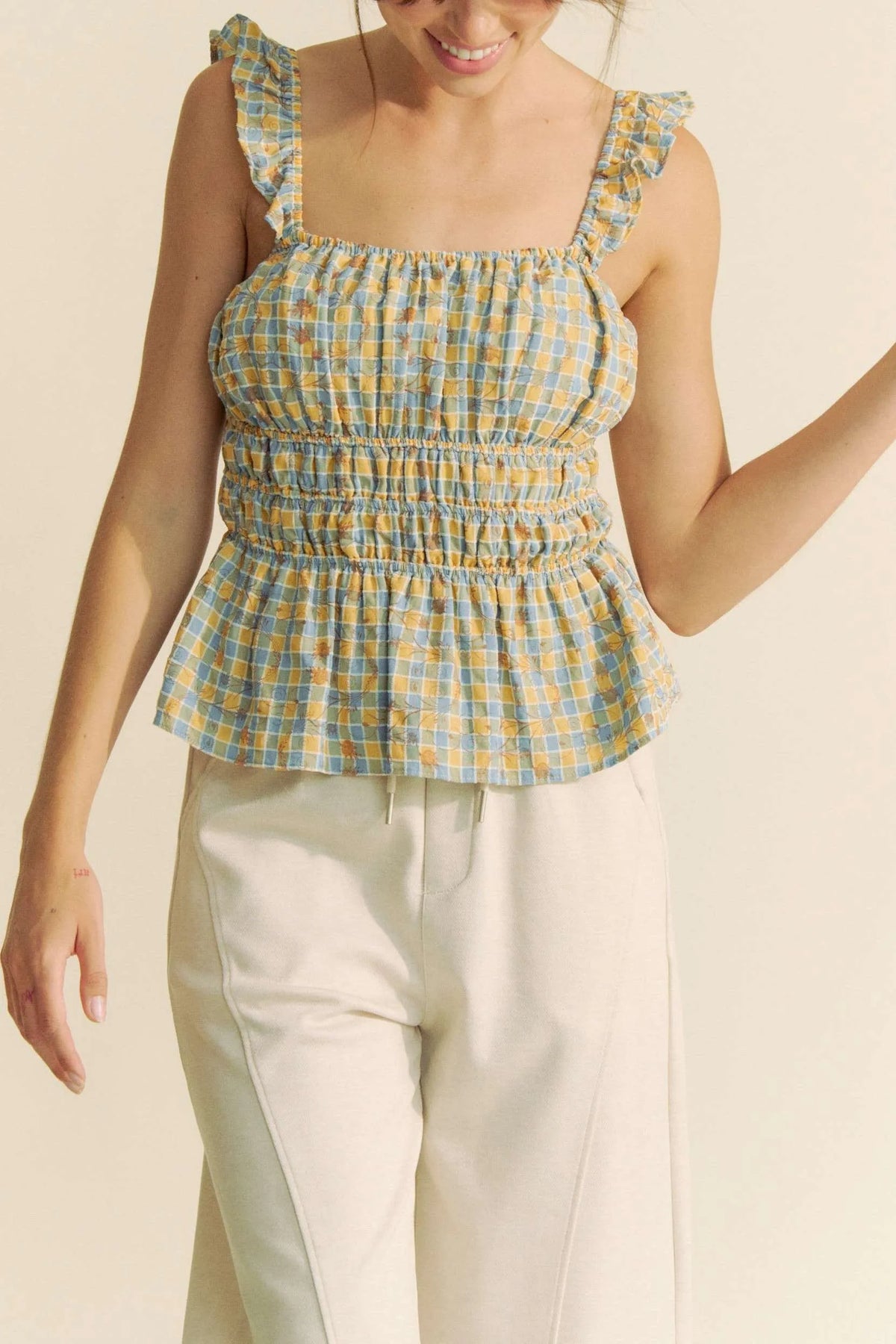 Davi & Dani Plaid Ruffled Strap Smocked Sleeveless Top - Lilixa.store