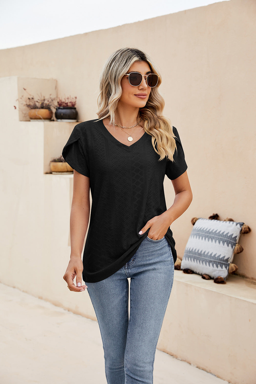 Eyelet Petal Sleeve V-Neck Knit Top in Black