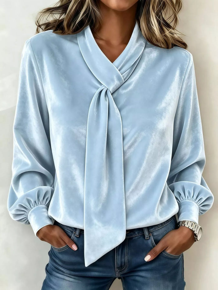 Full Size Velvet Tie-Neck Long Sleeve Blouse Plus Size in Sky Blue