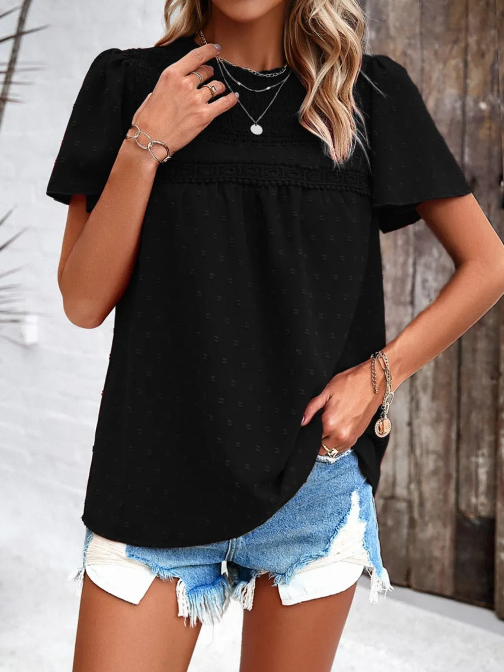 Devine Swiss Dot Smocked Round Neck Short Sleeve Blouse - Lilixa.store
