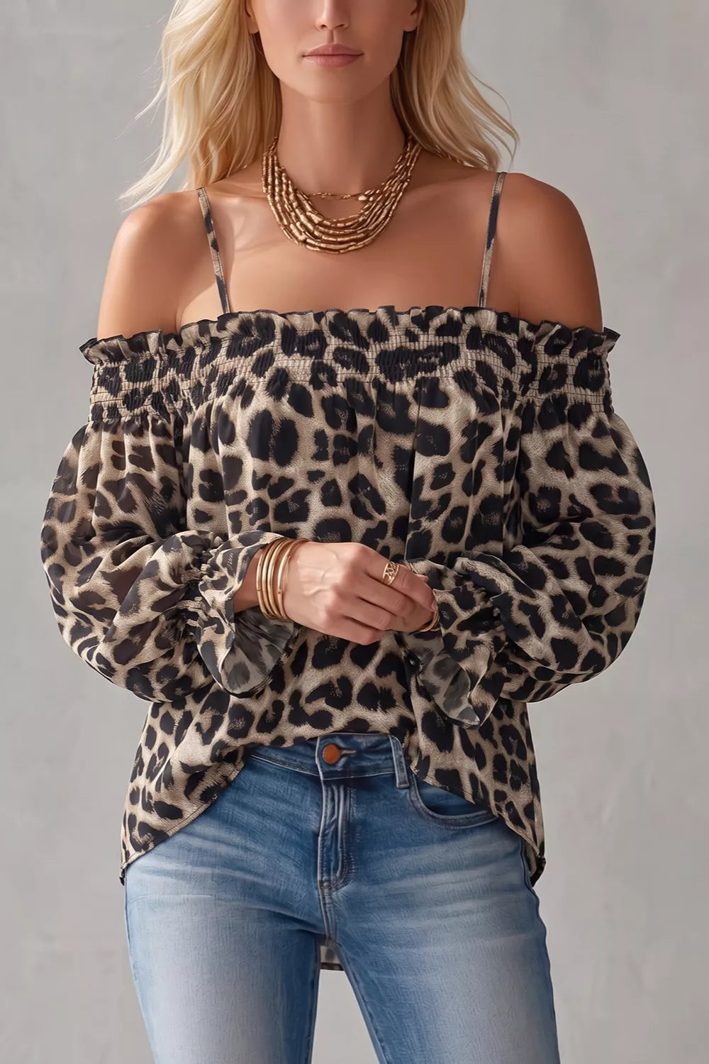 Spaghetti Strap Leopard Long Sleeve Blouse, view 6