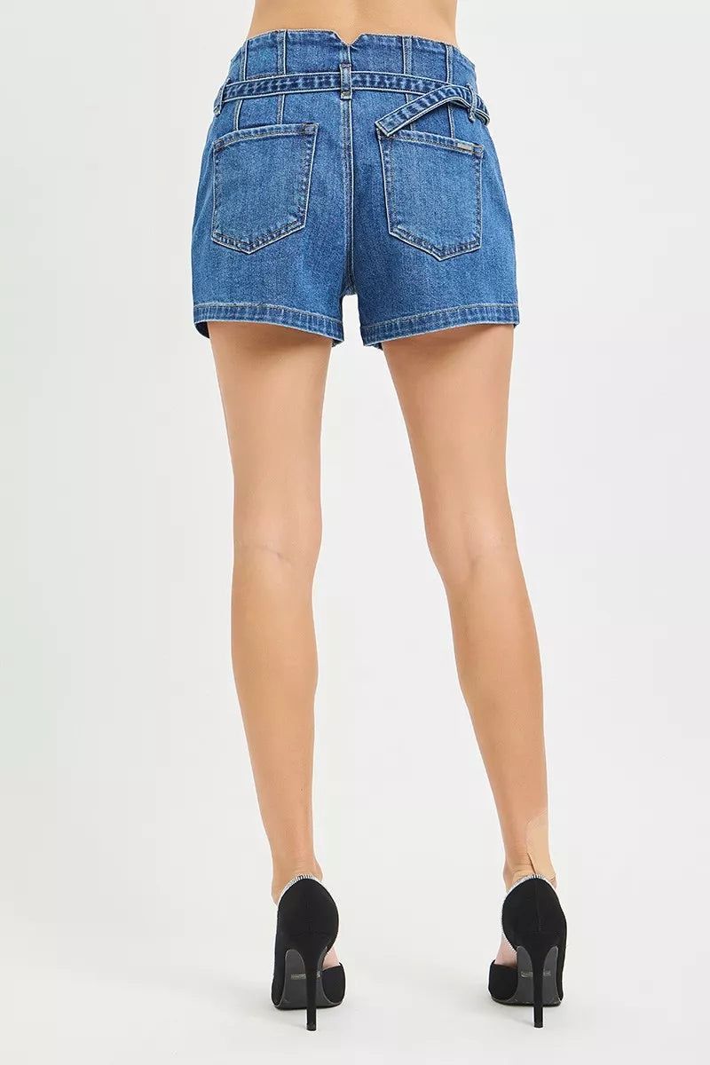 RISEN Double Button Slouchy Denim Shorts with Belt, view 4