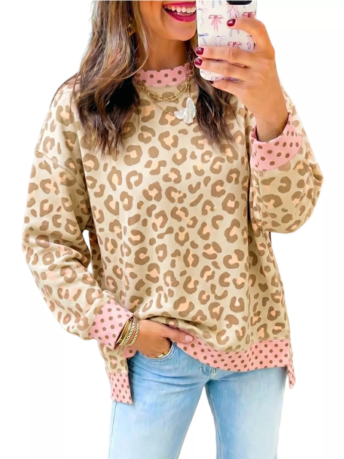 Side Slit Leopard Sweatshirt with Polka Dot Trim - Lilixa.store
