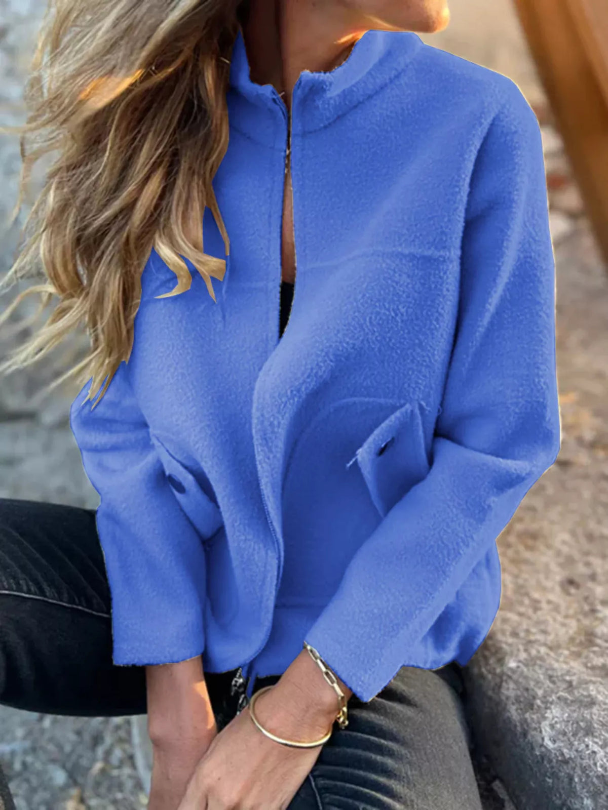 Full Size Textured Knit Zip Up Outerwear Plus Size in Blue