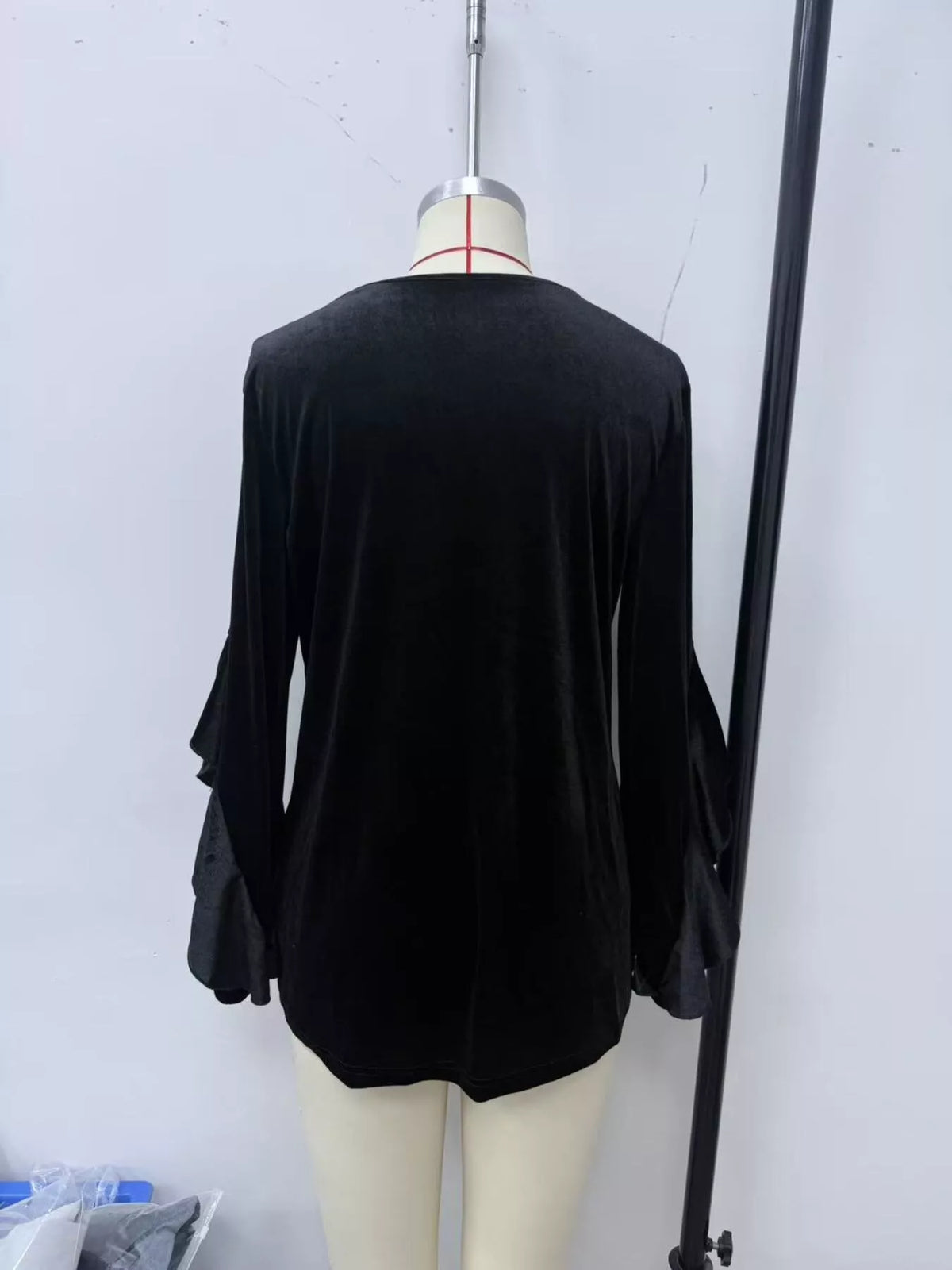 Velvet Round Neck Ruffle Sleeve Top