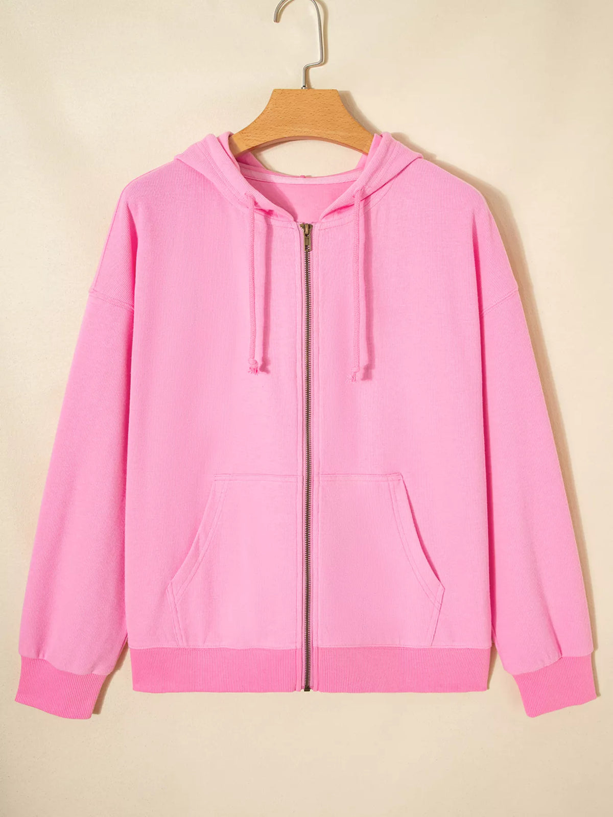 Solid Color Ribbed Zip Up Drawstring Hooded Jacket in Pink, view 3