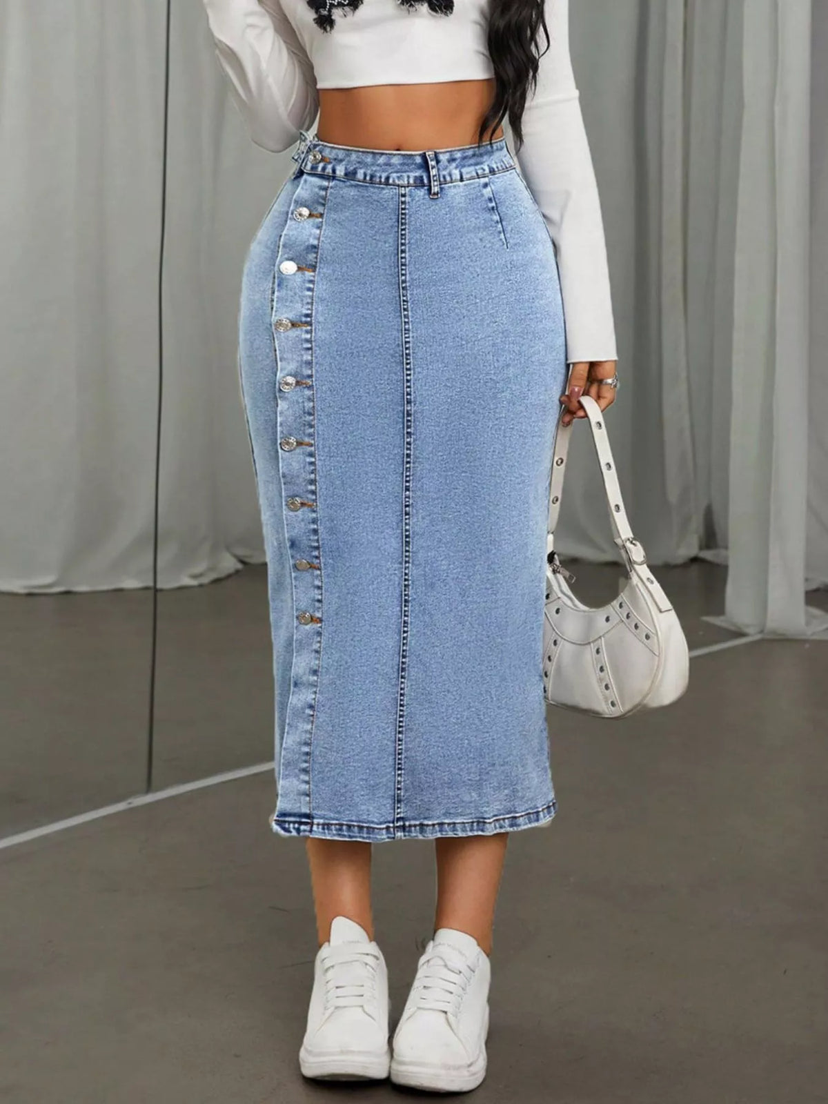 Side Button Slit Denim Midi Skirt