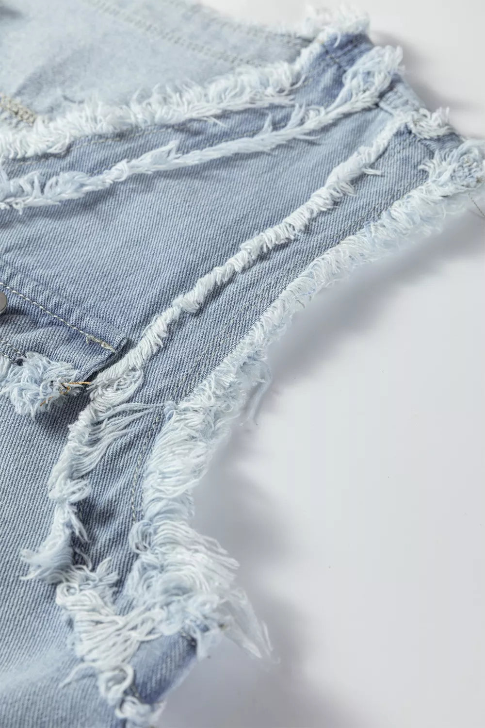 Frayed Edge Flap Pockets Denim Vest Jacket in Light Blue, view 10