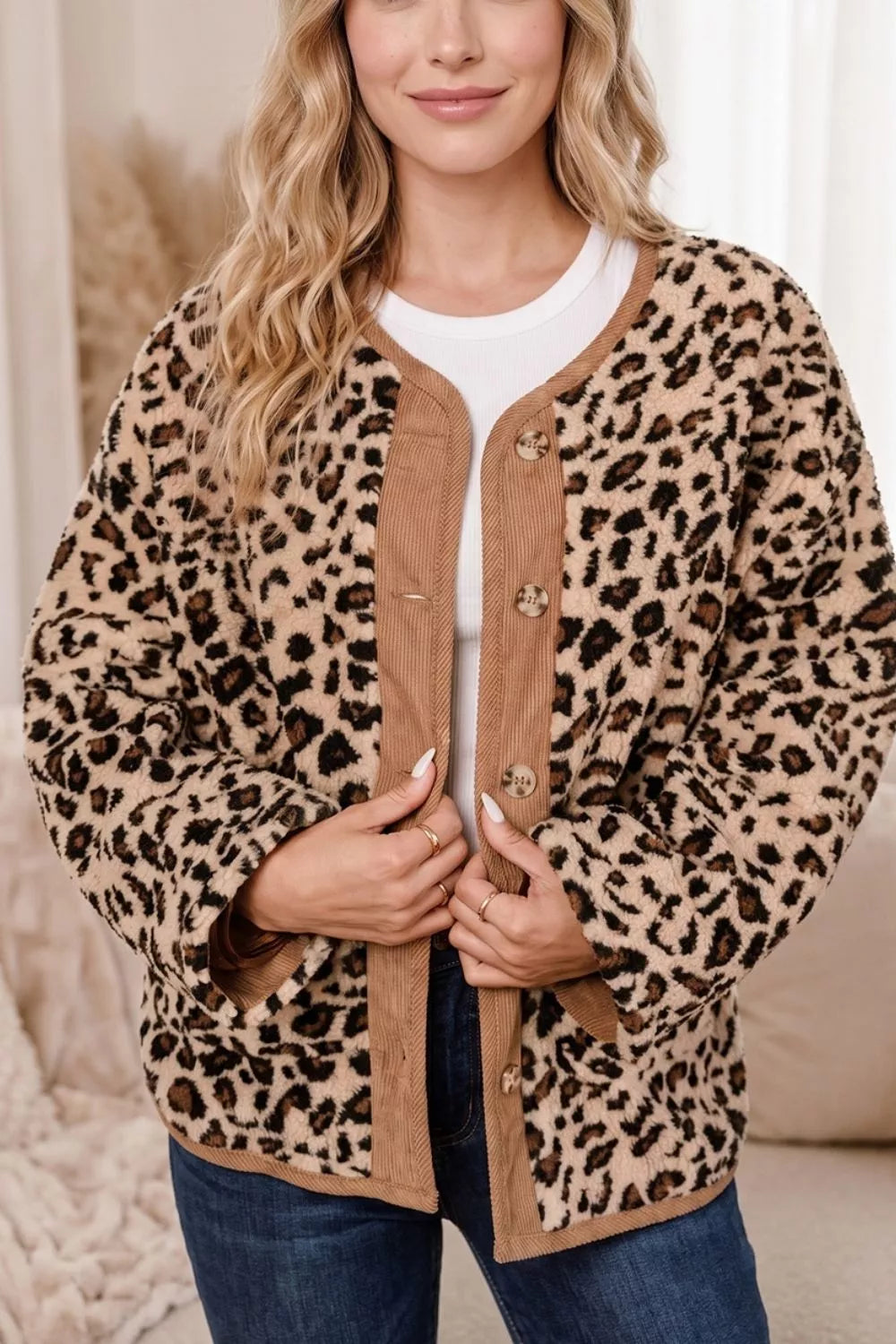 Leopard Plush Corduroy Trim Long Sleeve Jacket, view 3