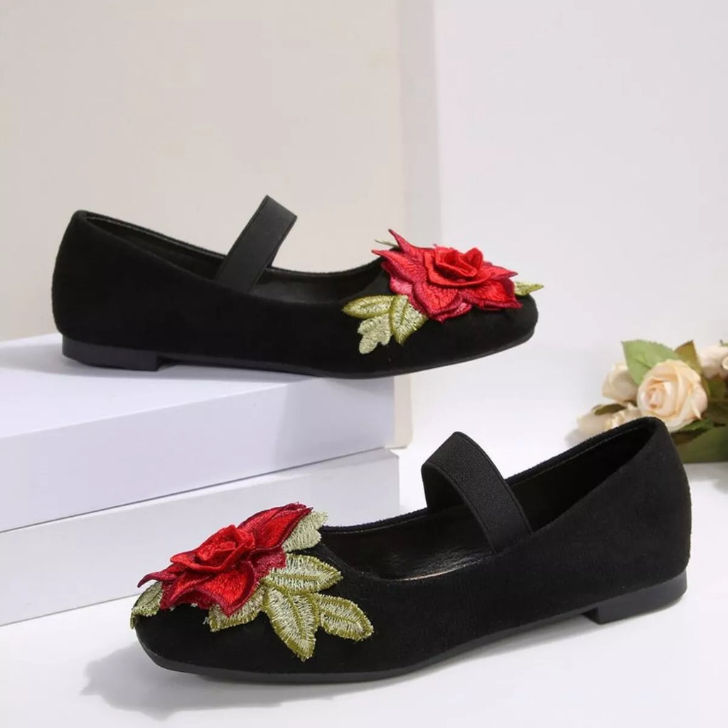 Flower Square Toe Slip-Ons in Black, view 5