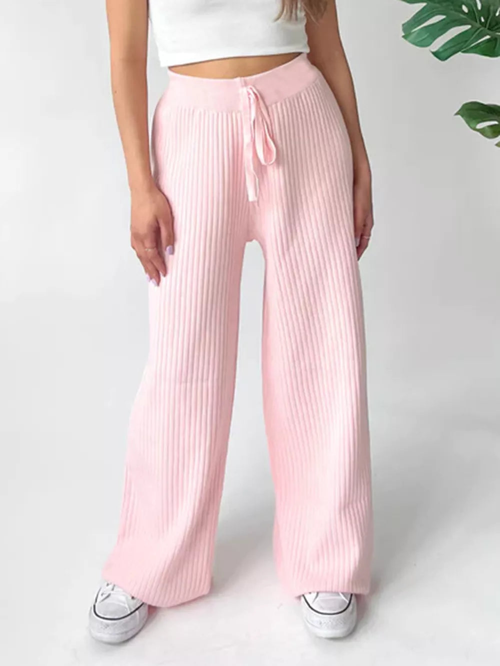 Ribbed Wide Leg Sweater Pants in Blush Pink