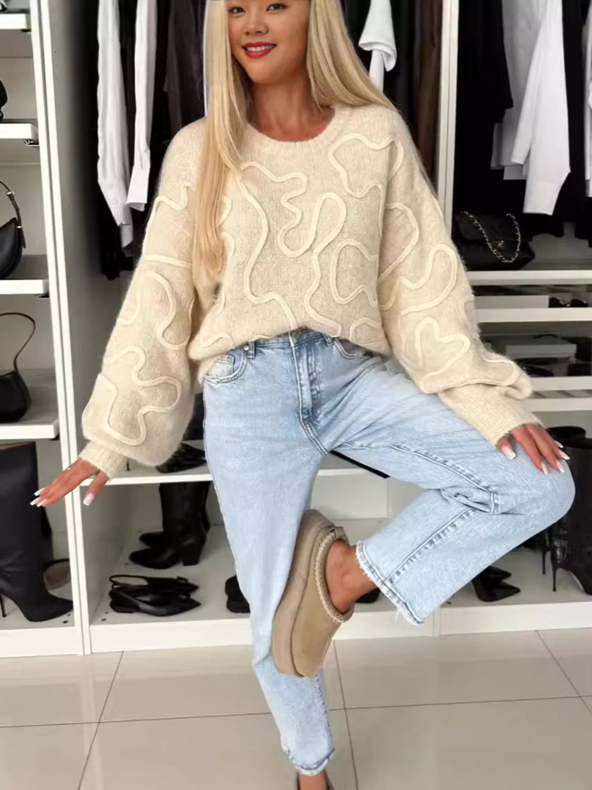 Abstract Pattern Oversized Round Neck Sweater, view 5