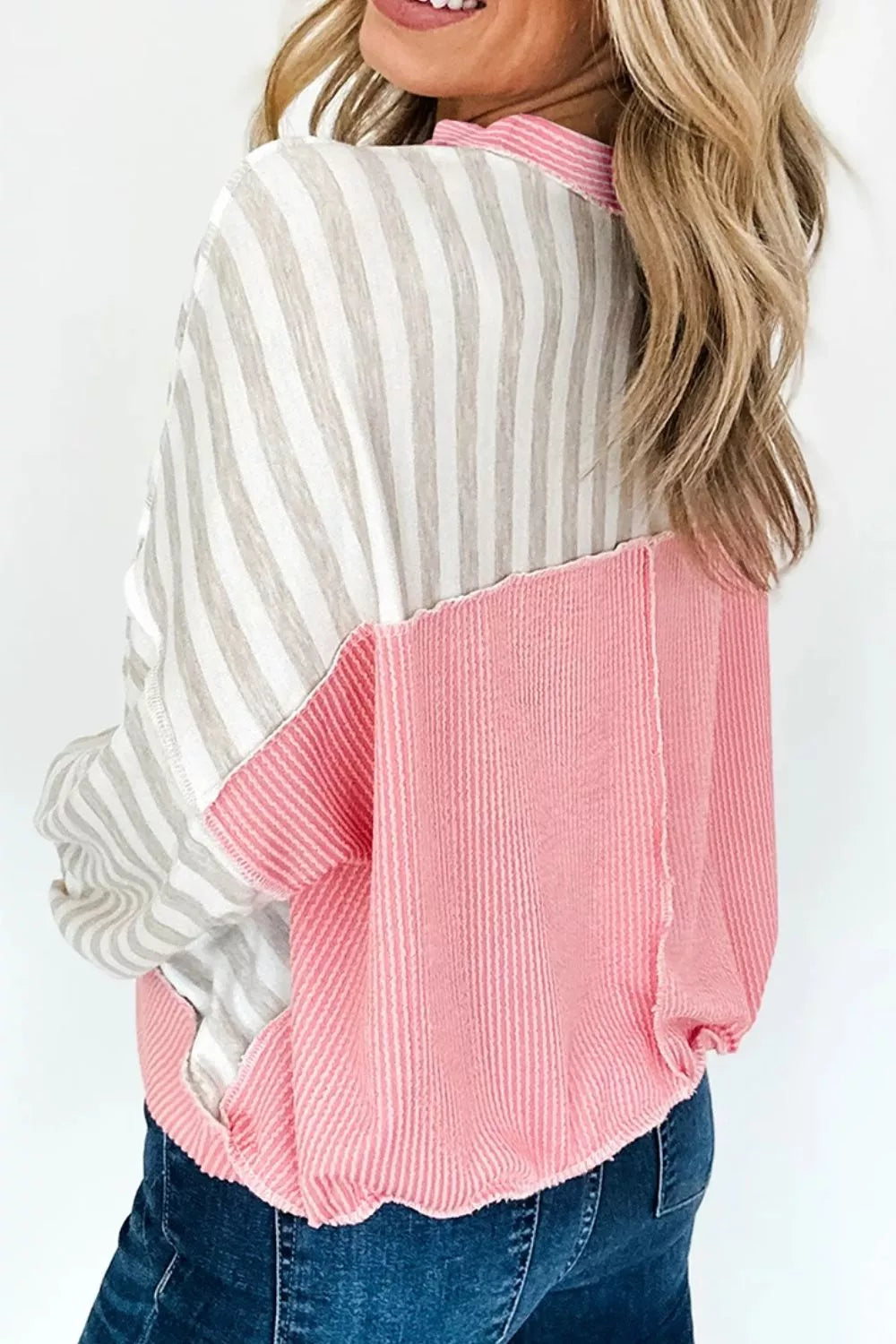 Twisted Rib Trim Striped Round Neck Loose Pullover Sweatshirt - Lilixa.store