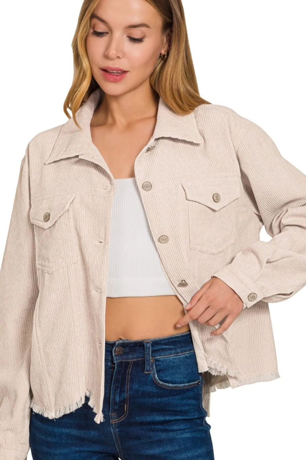 Zenana Distressed Corduroy Frayed Hem Cropped Jacket in Sand Beige