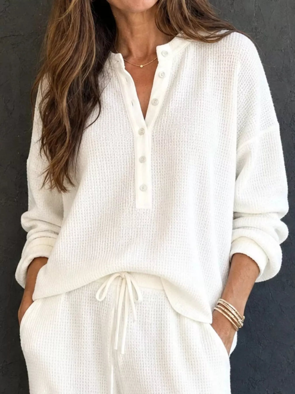 Waffle Knit Henley Top and Wide Leg Pants Set - Lilixa.store