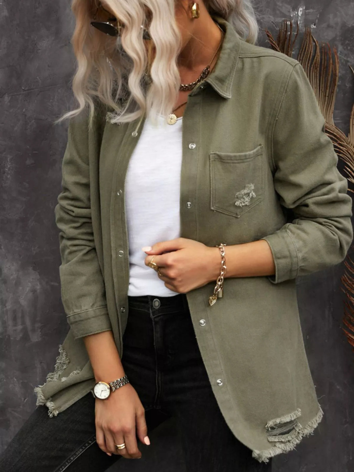 Raw Hem Distressed Denim Shirt Jacket in Army Green, view 3