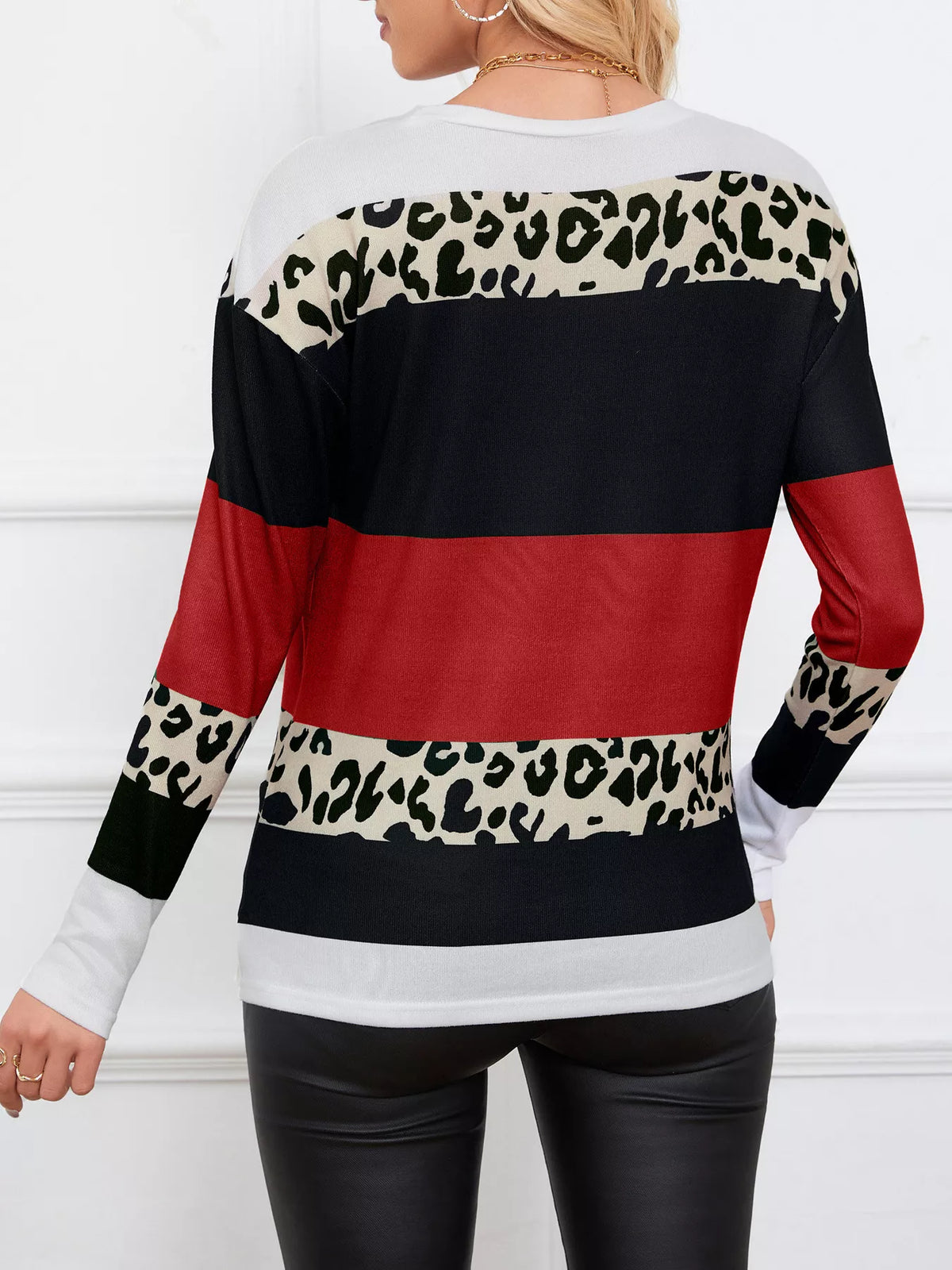 Leopard Color Block Striped Knit Top - Lilixa.store