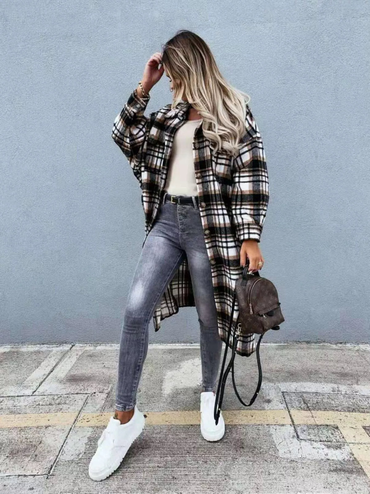 Plaid Button Up Longline Shacket, view 14