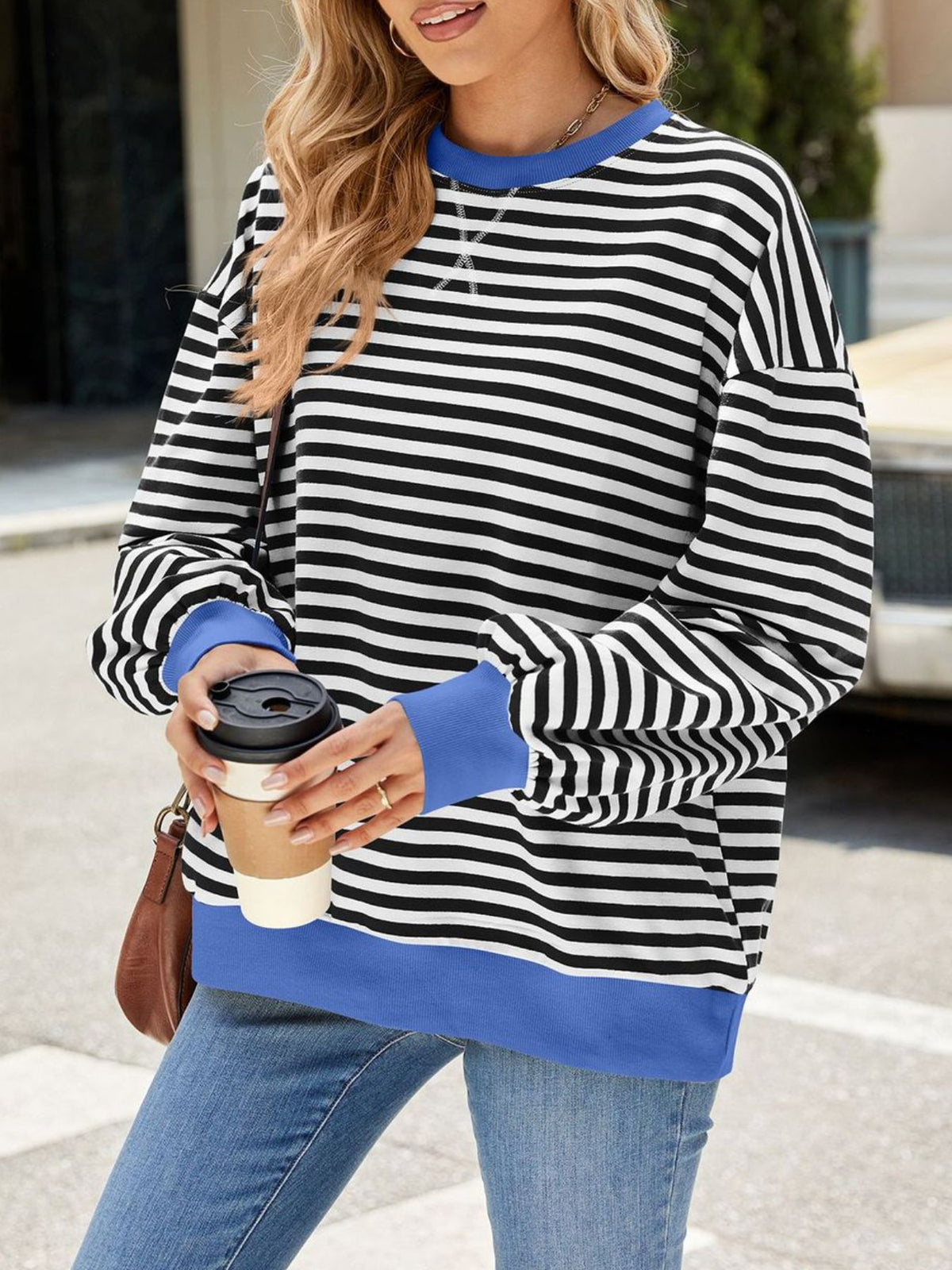 Striped Crew Neck Long Sleeve Sweatshirt - Lilixa.store