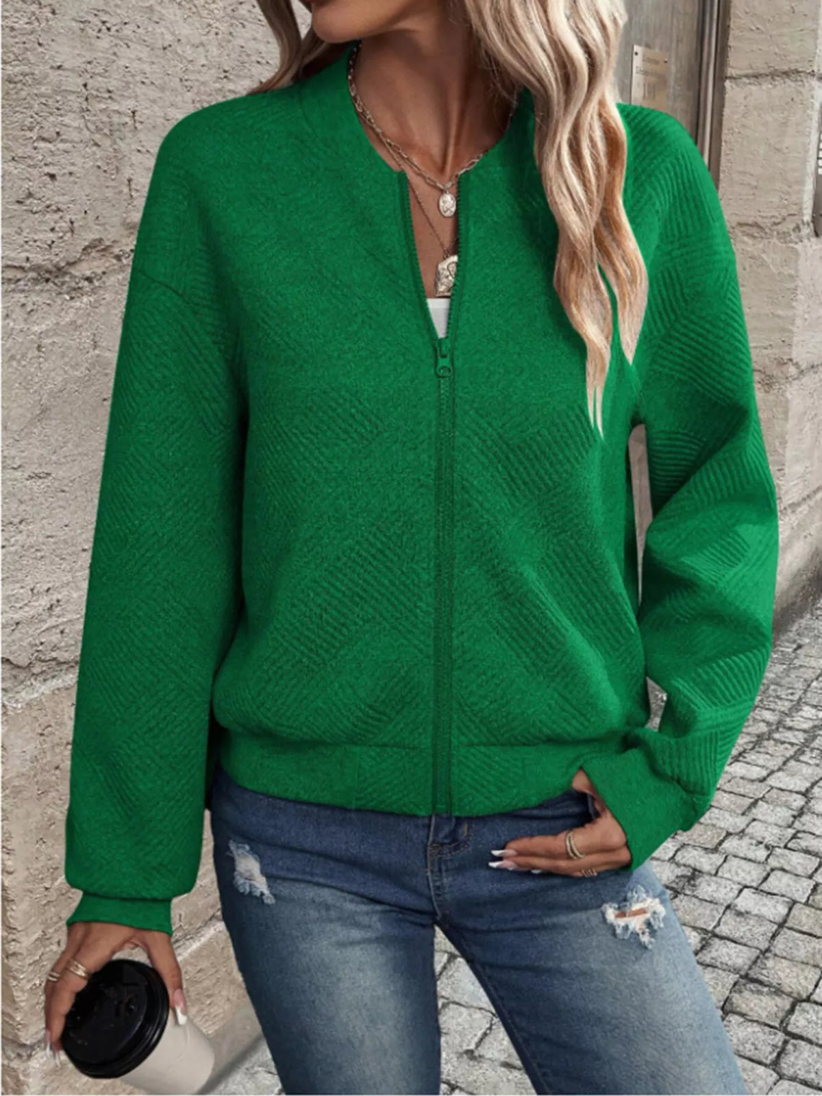 Textured Knit Zip-Up Bomber Jacket, view 8