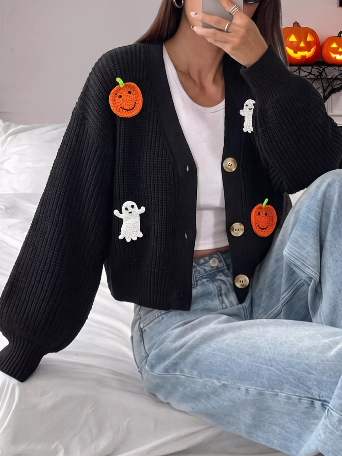 Halloween Pumpkin and Ghost Applique Knit Cardigan in Black