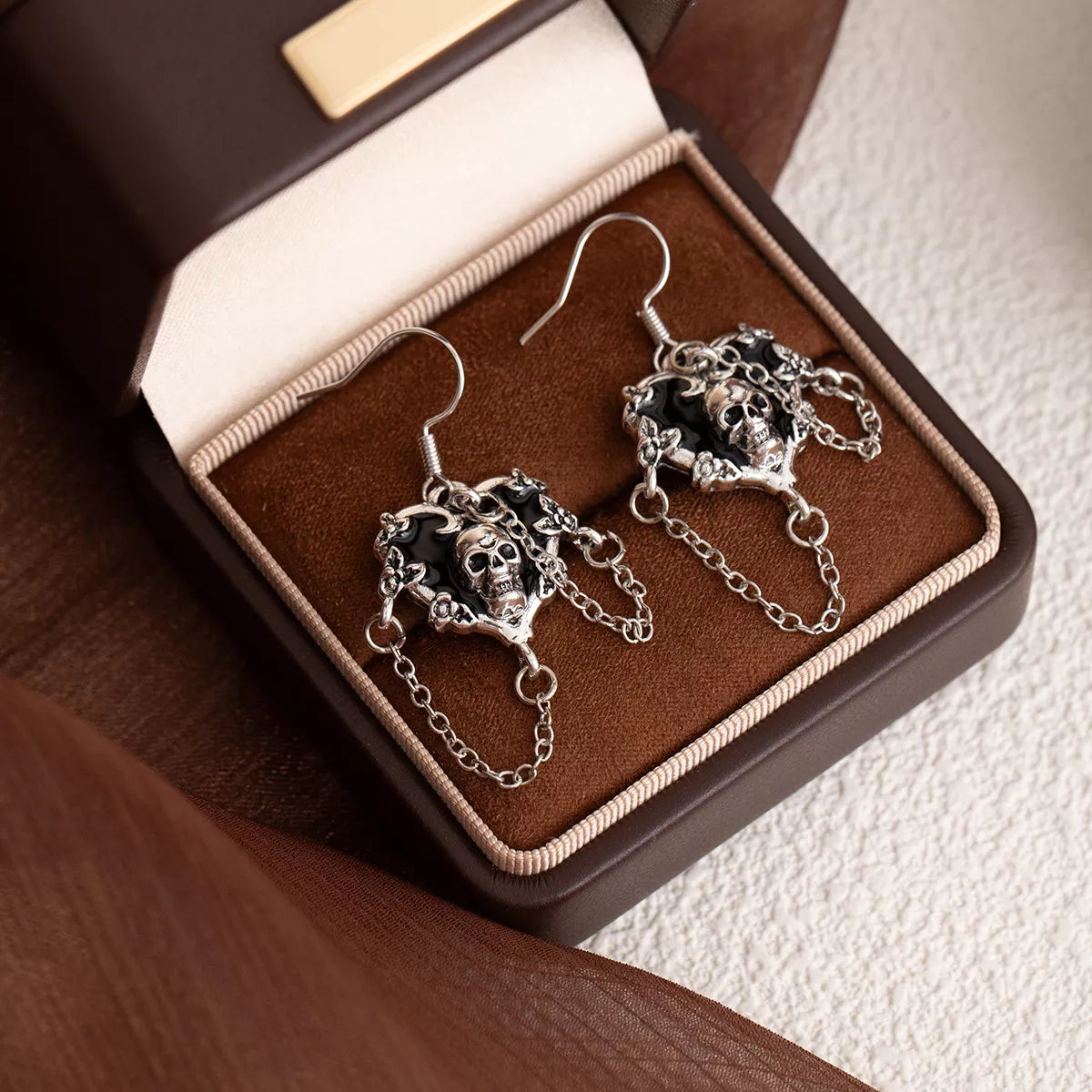 Halloween Alloy Heart Skull Earrings with Chain Detail - Lilixa.store