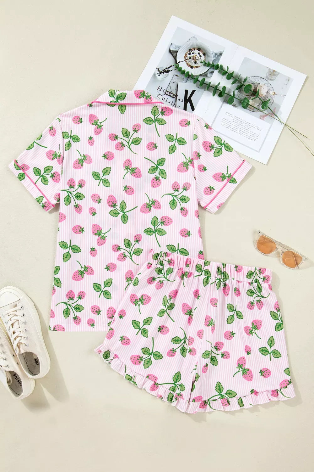 Striped Strawberry Print Lapel Shirt Drawstring Shorts 2pcs Pajama Set - Lilixa.store