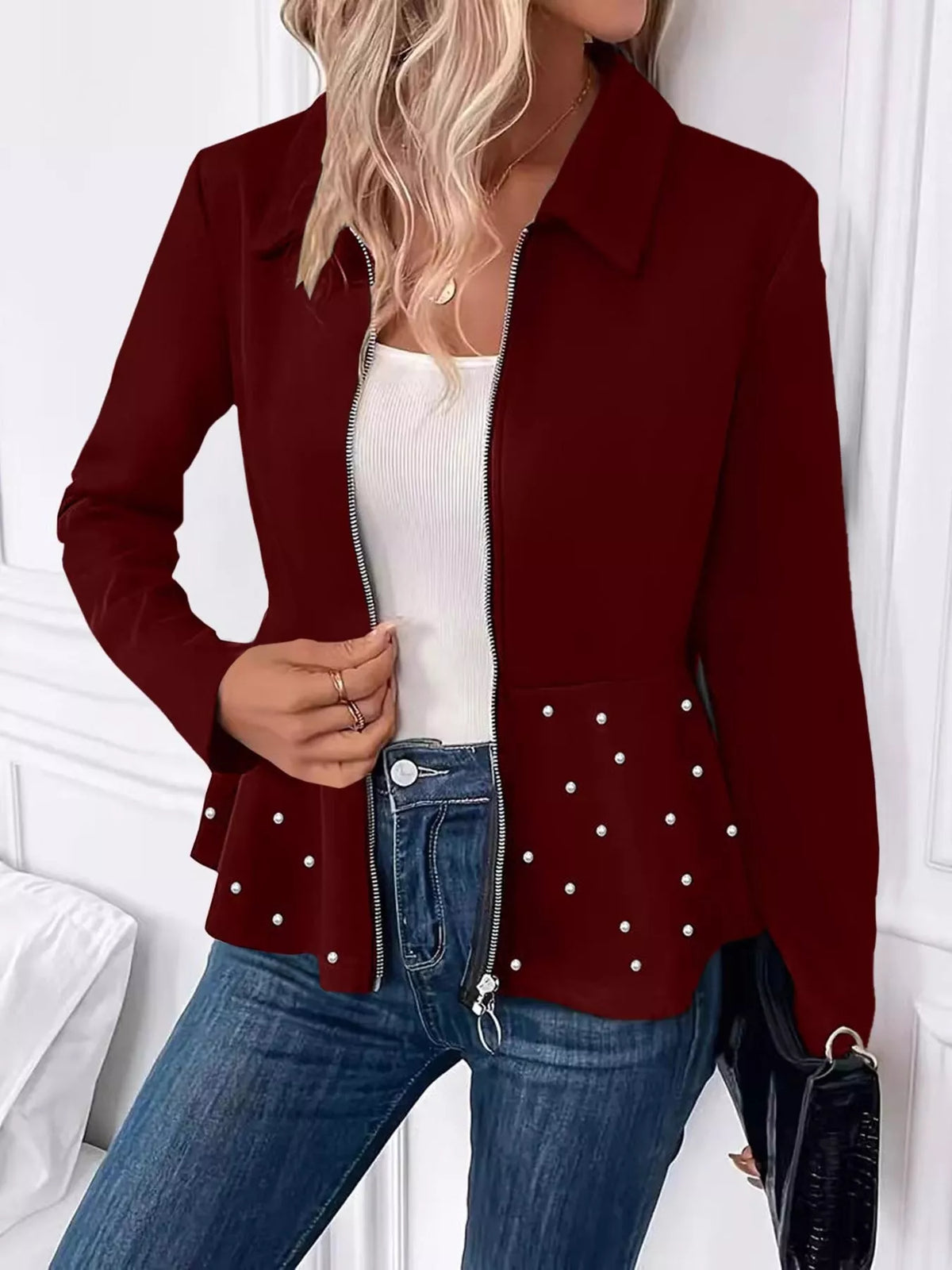 Pearl Embellished Zip-Up Peplum Outerwear, view 2