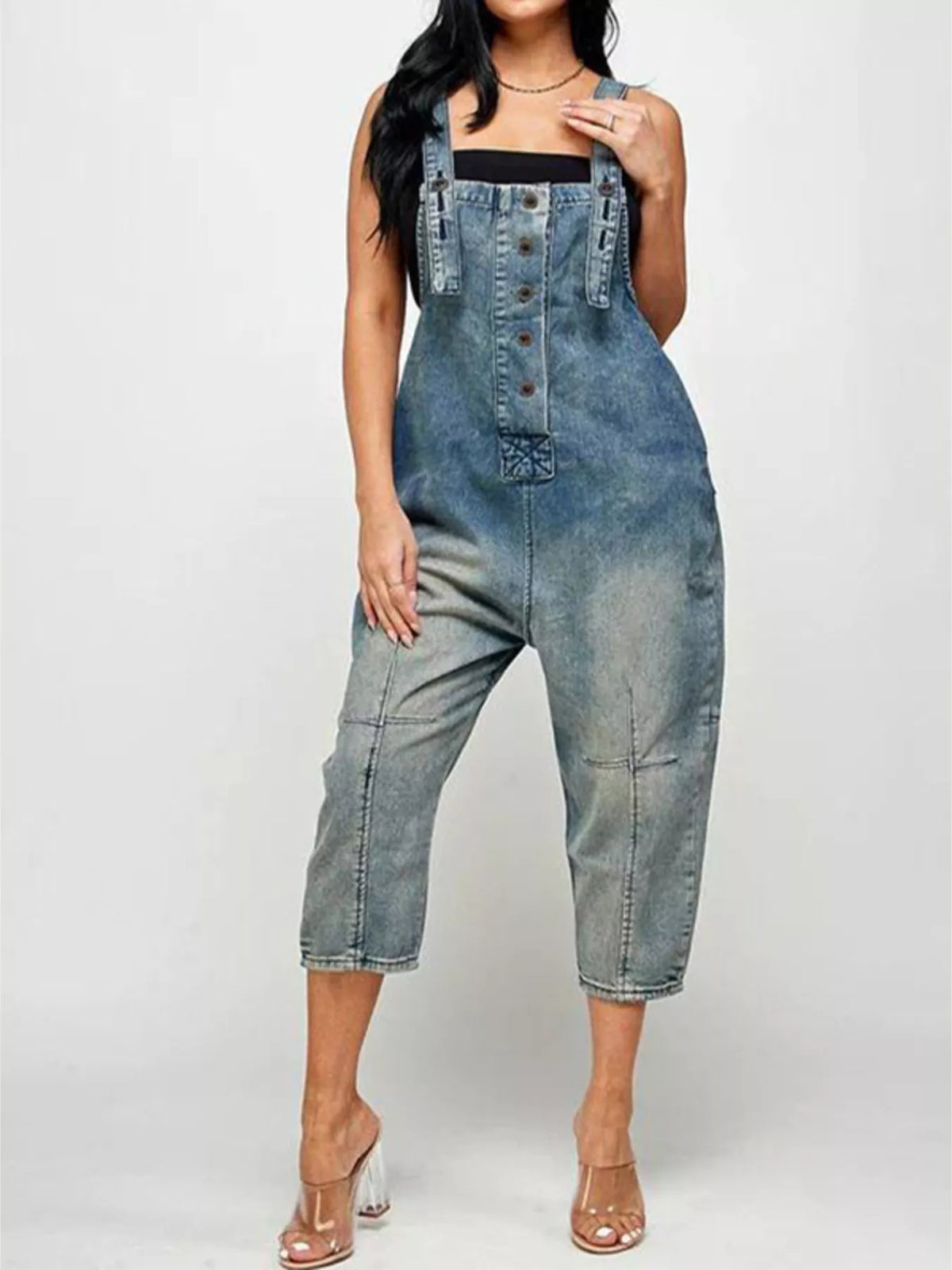 Full Size Button Front Denim Overalls with Pockets Plus Size - Lilixa.store