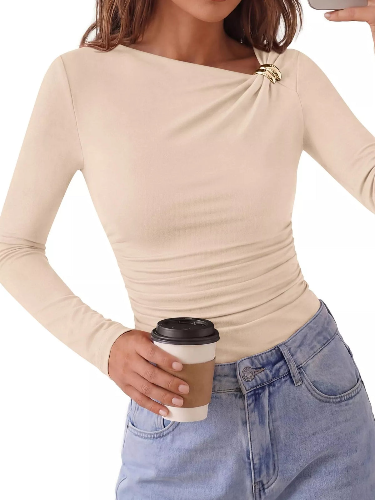 Metal Detail Long Sleeve T-Shirt - Lilixa.store