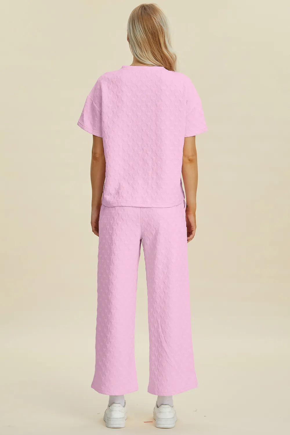 Double Take Full Size Texture Round Neck Short Sleeve Top and Pants Set, view 3