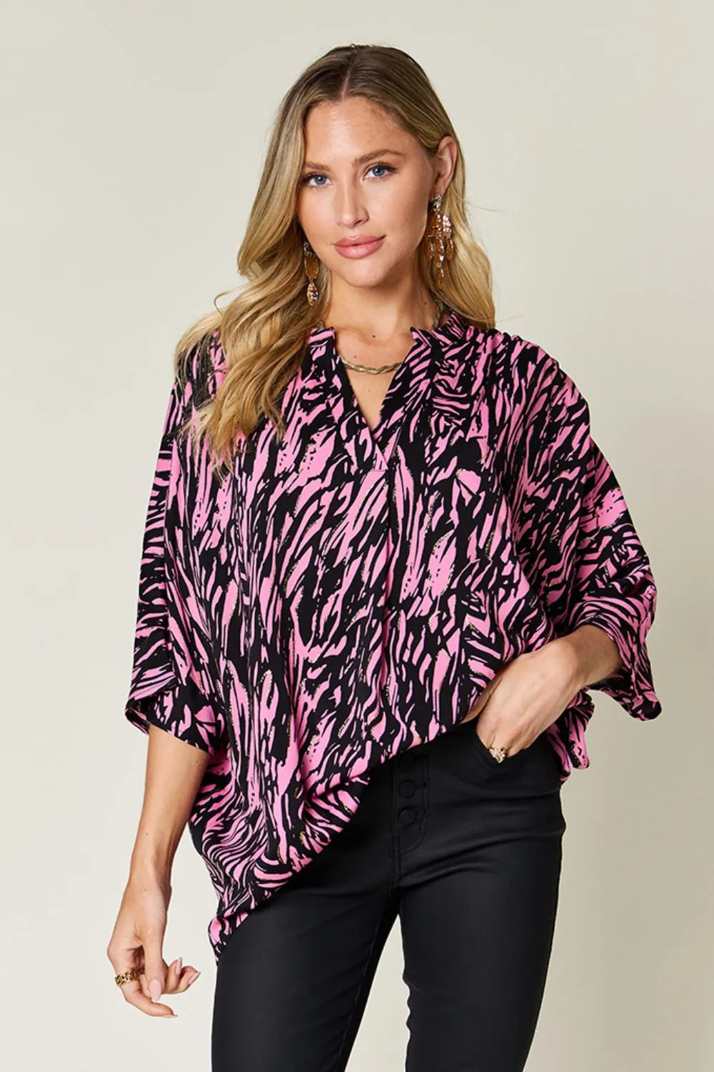 Double Take Full Size Printed Notched Three-Quarter Sleeve Blouse in Pink