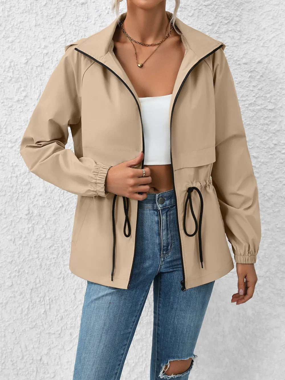 Ivy Lane Drawstring Zip Up Hooded Jacket in Khaki